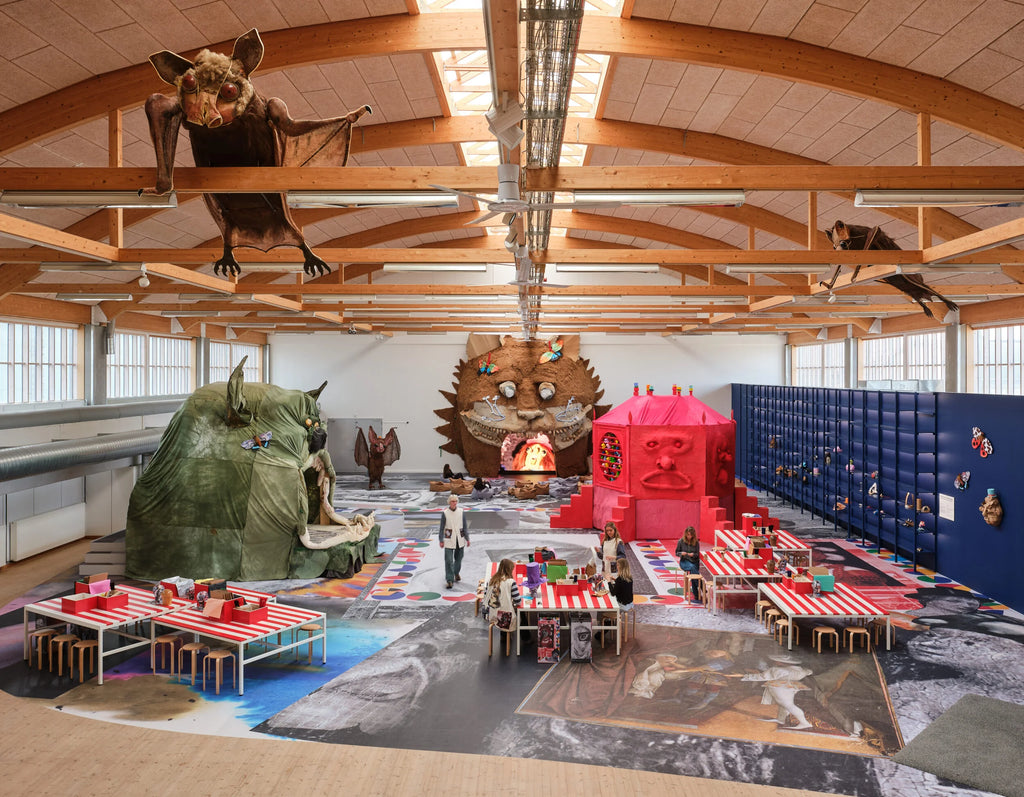 Monster Chetwynd’s art installation at Copenhagen Contemporary featuring Wigiwama beanbags, large-scale creatures, and interactive workshop areas